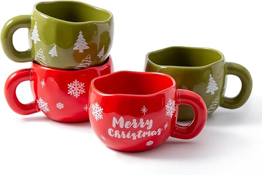 4pcs Cute Ceramic Coffee Mug, 9.4OZ Handmade Porcelain Tea Mugs, Ceramic Cup Sets for Matcha, Dishwasher & Microwave Safe, Christmas Gift(Christmas Tree)