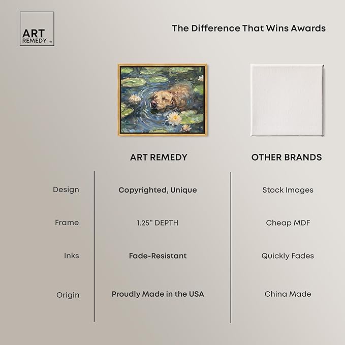 Art Remedy Monet Water Lilies Dog Rustic Chic Farmhouse Canvas Wall Art, Gold Floater Frame, 45"x36"
