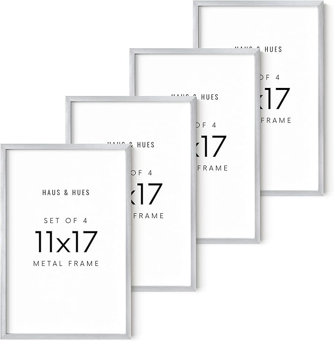 HAUS AND HUES 11x17 Silver Metal Picture Frames - Features Premium Aluminum, Vertical & Horizontal Hang, Shatterproof Plexiglass - Perfect for Home, Room, Office (11x17 in, Silver, Set of 4)