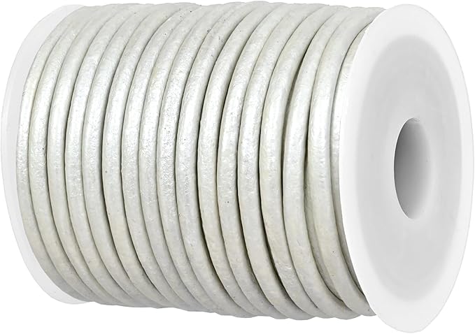 GENIQUE Real/Genuine Round Leather String Cord for Necklace, Bracelets, Jewellery, Braiding (3mm, Pearl White Metallic)