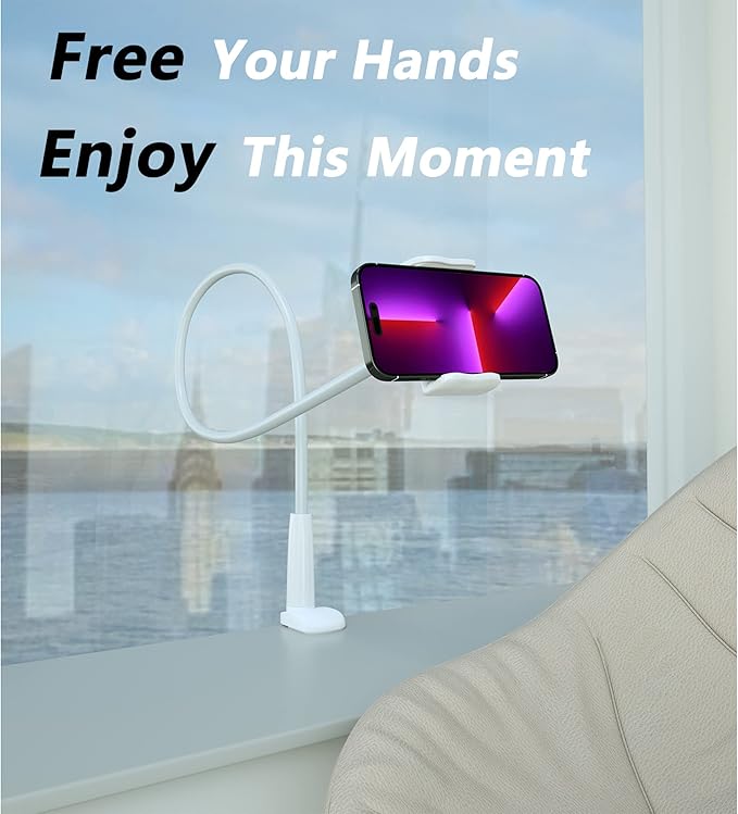 Cell Phone Clip Bed Stand Holder, with Grip Flexible Long Arm Gooseneck Bracket Mount Clamp for Desk, Compatible with iPhone 14 Pro Max XR X 8 7 6 or Other 3.5-7" Devices (White)