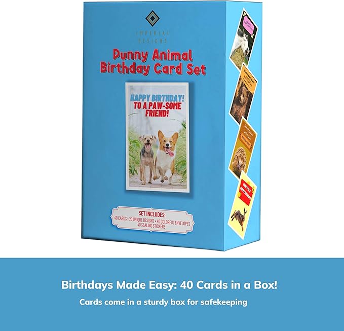Imperial Designs 40 Pack Funny Punny Birthday Cards with Envelopes and Stickers - 20 Unique Designs - for Kids, Office, Teachers - Assorted Bulk Animal Birthday Cards (Medium, 4x6'', Blank Inside)