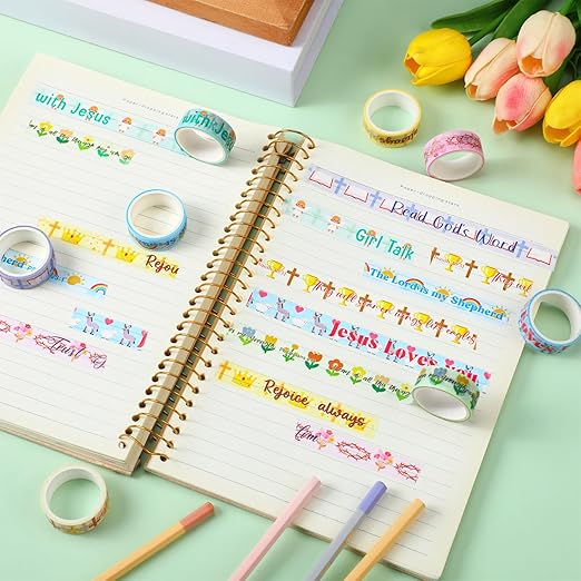 Janlaugh 24 Rolls Christian Washi Tape Gifts Bulk Religious Inspirational Scripture Supplies Bible Verse Tape for Bible Study Journaling Crafting Christmas Stocking Stuffers Gift(Cute)