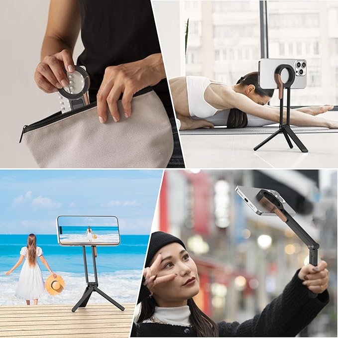 Magnetic Phone Tripod, Aluminum Alloy Mini Foldable Tripod for Cell Phone, Travel Essential Adjustable Phone Stand for Desk/Handheld, Compatible with iPhone 17/16/15/14/13/12 Series, Black