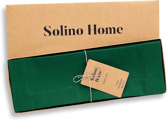 Solino Home Linen Placemats Set of 4 - Christmas Green Placemats 14 x 19 Inch - 100% Pure Linen Table Place Mats for St Patricks Day - Fete
