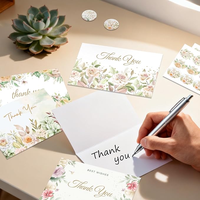 48Pcs Thank You Cards with Envelopes and Stickers for Weddings, Bridal Shower, Baby Shower, Small Business