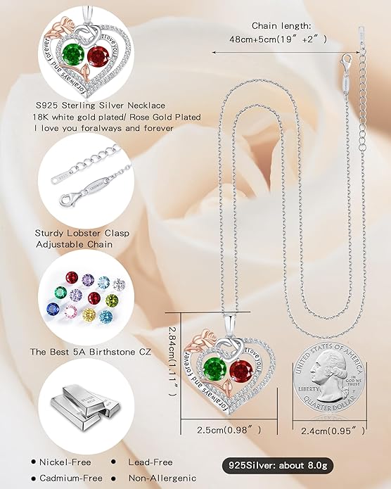 Women's Birthstone Necklace, Holiday Gift for Girlfriend, 925 Sterling Silver Heart Rose Necklace, Anniversary Birthday Gift for Wife, Daughter