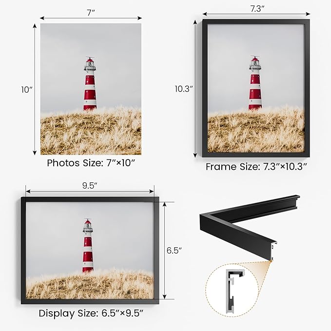 7x10 Aluminum Metal Picture Frame,Tempered Glass Black Photo Frame 7x10 for Family Photo,Posters,Art,Document to Wall Mount Horizontally or Vertically