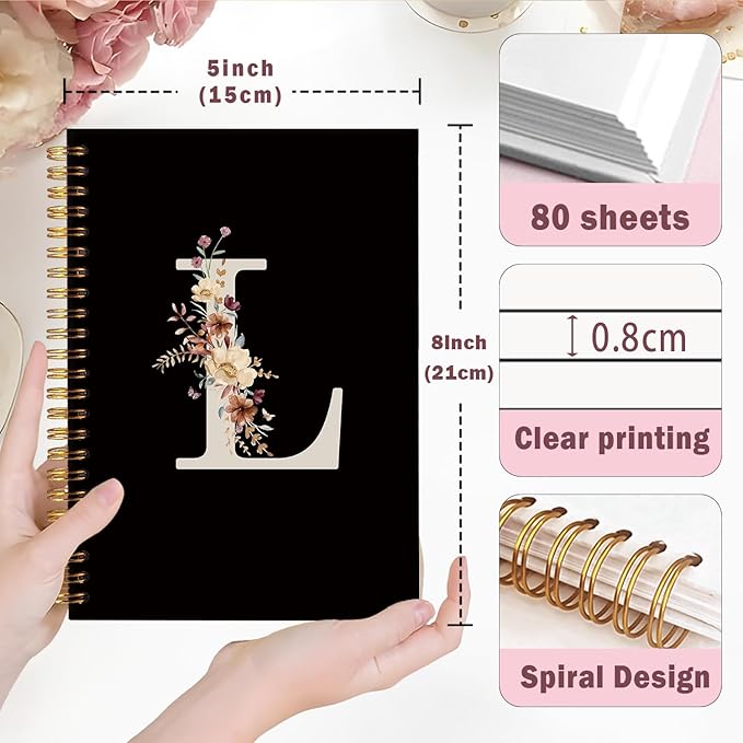 Lacama Cute Initial Letter L School Notebook Journal, Aesthetic Wildflower Personalized Black Spiral Notebook, School Supplies, Customized Monogrammed Gifts, Birthday Gifts for Women, Office Supplies