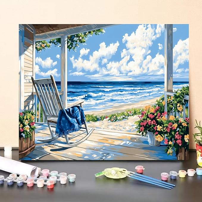Beach Paint by Numbers Kit for Adults Beginner Landscape Oil Painting Kit Adult Paint by Number Kits on Canvas Ocean DIY Painting for Beginners Art by Numbers for Gifts Home Wall Decor 16x20 Inch