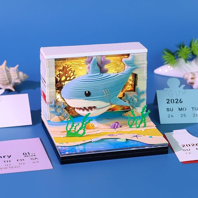 3D Time Piece Calendar 2026 3D Tear Away Art Memo Pad Notepad Desk Calendar with Light,3D Art Calendar Desktop Decoration Gift for Christmas (Ocean Shark)