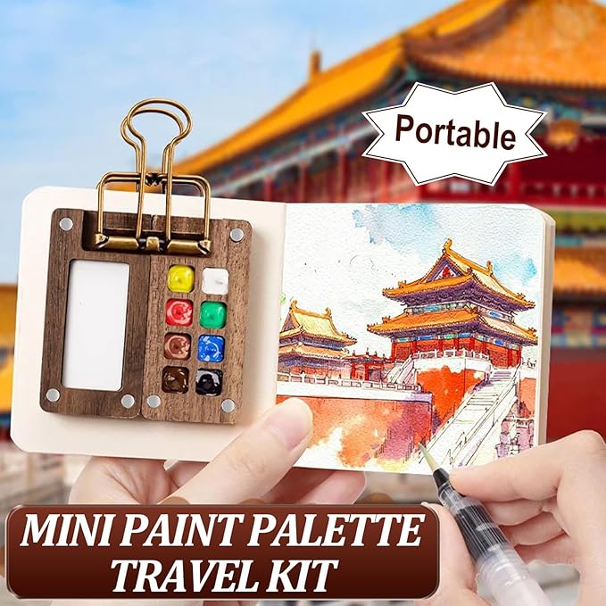 Mini Watercolor Travel Set, Mini Watercolor Paint Set, Pocket Watercolor Sets with Paint, Brush, Sketchbook & Copper Clip, Travel Water color Kit for Beginners, Artists & Painting (8 Grids)