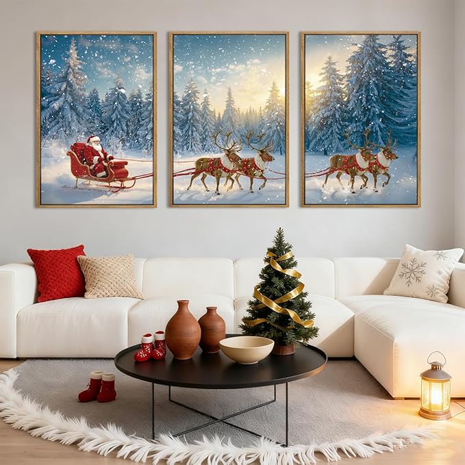 Framed Christmas Wall Art Santa Claus Wall Art Santa Winter Artwork for Living Room Bedroom Dining Room 24x36 Inches Set of 3