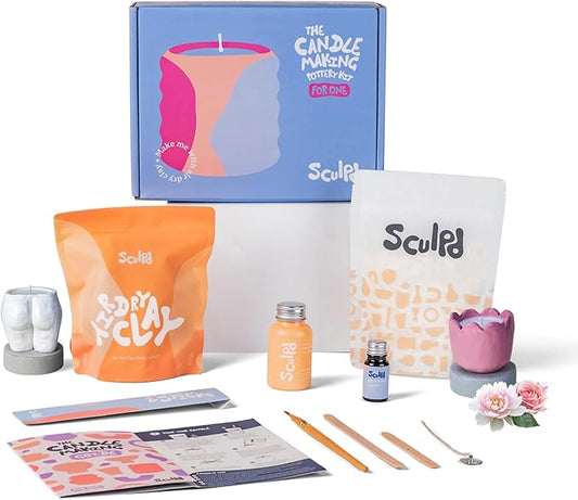 Sculpd Candle Making Pottery Kit with Air Dry Clay | Peony Rose, Beginners Candle Starter Kit for Adults with Eco Soy Wax, Orange & Ginger Scented Fragrance Oil, Varnish, Tools and Guide