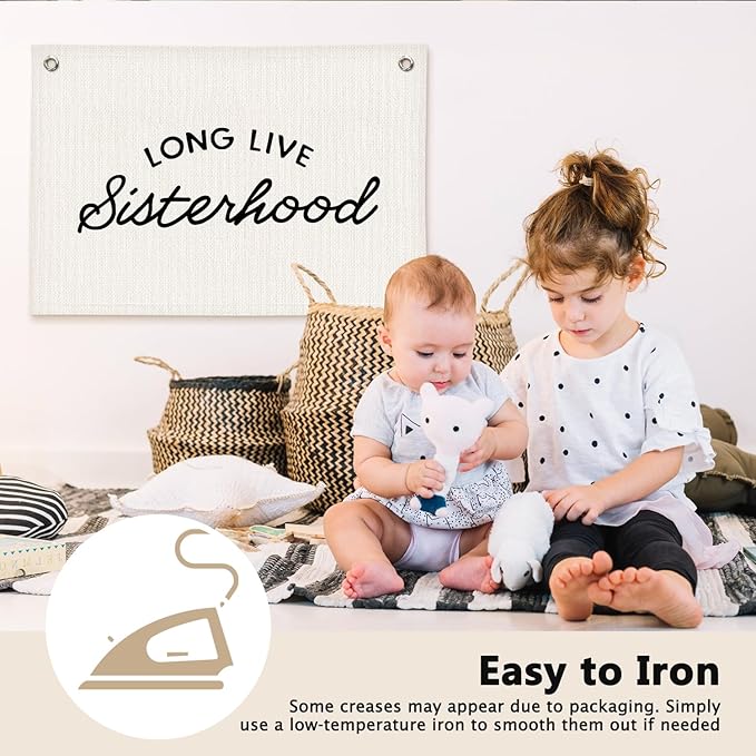 Long Live Sisterhood Minimalist Girls Room Decor - Linen Banner Wall Hanging Canvas Banner Flag Decor for Girly Nursery Toddler Playroom Bedroom Dorm Apartment