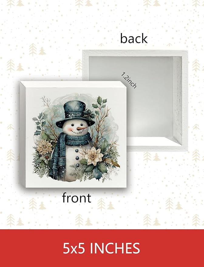Floral Christmas Snowman Wooden Box Sign, Blue Snowman Christmas Decorations, Vintage Xmas Winter Holiday Wood Signs for Home Office Desk Shelf Table Decor, 5x5 Inch Decorative Signage