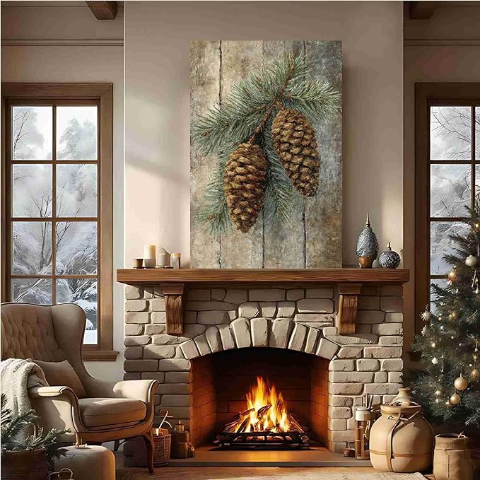 Vintage Christmas Canvas Painting Botanical Wall Art Nature Print Forest Decor Rustic Woodland Poste Holiday Evergreen Art Country Landscape Indoor Decor for Home Office Living Room Cabin Rustic