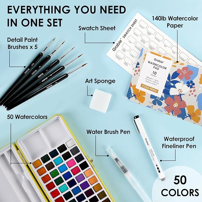 Grabie 100 Colors Premium All-In-One Watercolor Paint Set - 50 Essential, 35 Metallic, 10 Pastels, 5 Neon Hues - Portable Case, Brush Pens, Paper Pad, Waterproof Fineliner Pen, Beginner & Professional