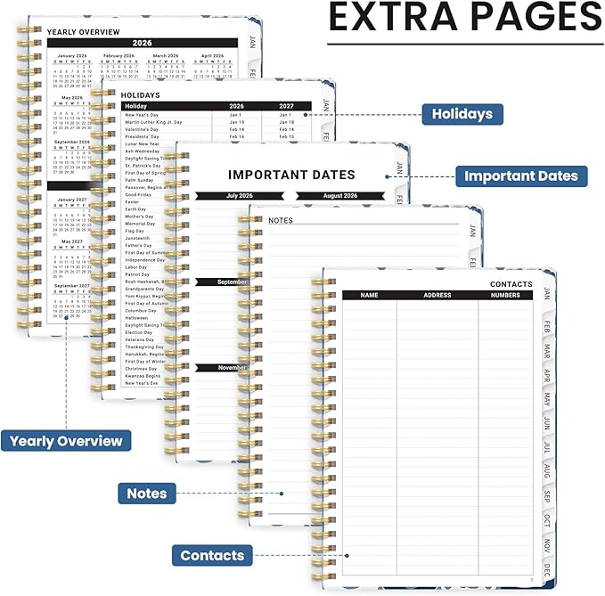 2026 Planner, Weekly and Monthly Calendar Planner for Women, Jan 2026 - Dec 2026, Hardcover Planning Agenda book with Tabs, Spiral Bound, Inner Pocket, Perfect for School Office Supplies, 6.3" x 8.5" - Blue Art
