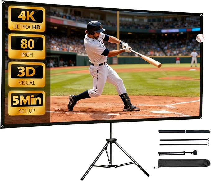Projector Screen with Stand 80 Inch, 16:9, High Gain, Indoor Outdoor 4K HD PVC Projection Screen, Portable Wrinkle-Free Movie Screen, Easy Setup and Carrying for Home Theater
