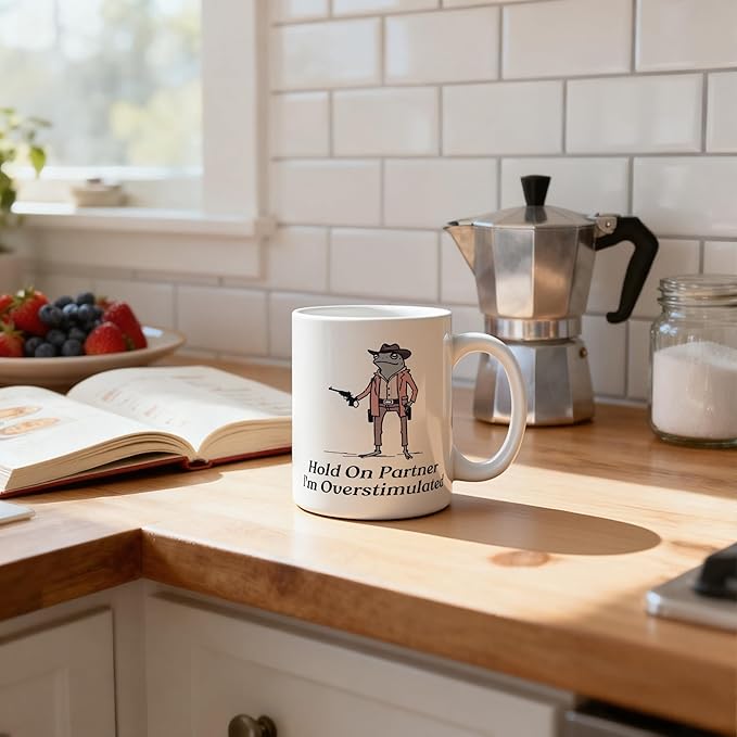 Funny Frog Meme Mug 11 oz, Funny Sarcastic Gifts for Coworkers Friends Coffee Cups Ceramic, Hold on Partner I'm Overstimulated Ceramic Mug for Coffee Tea Hot Cocoa Home Office Work