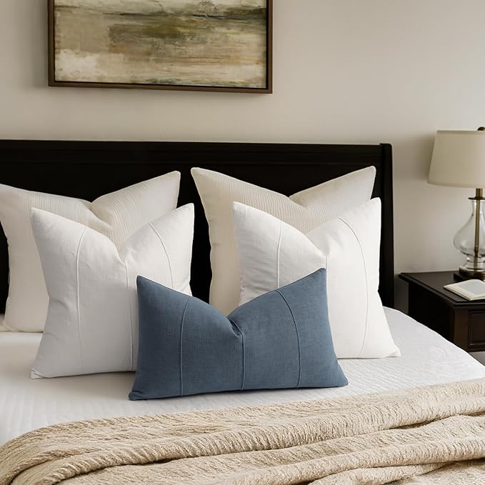 Decorative Linen Throw Pillow Covers 24x24 Set of 2 Solid handcrafted Striped Cushion Covers for Bed Soft Modern Farmhouse Neutral Pillowcase for Couch Bedroom Living Room Home Decor(Cream White)