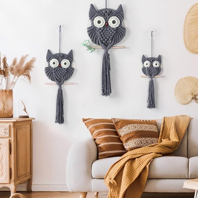 MVSUTA Owl Grey Cotton Handmade Macrame Wall Hanging Tapestry Home Decor Art and Gray Craft Wonderful Decoration Woven Boho Ornament for Office Bedroom Apartment Nursery Gallery,3pcs set:1pc L & 1pc M