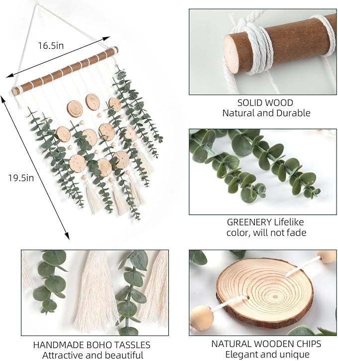 Artificial Eucalyptus Plant Wall Decor Fake Greenery Leaves Stems Wall Hanging Faux Plants on 16.5 inch Wood Stick Boho Rustic Farmhouse Decor for Bathroom Bedroom Dining Room Indoor Home