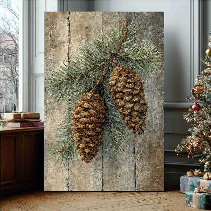 Vintage Christmas Canvas Painting Botanical Wall Art Nature Print Forest Decor Rustic Woodland Poste Holiday Evergreen Art Country Landscape Indoor Decor for Home Office Living Room Cabin Rustic