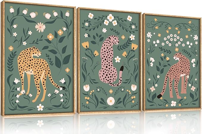 KAIRNE Boho Cheetah Wall Art Set of 3, Floral Leopard with Green Botanical Background, Mid Century Modern Animal Prints for Bedroom, Living Room, Office Decor, Aesthetic Framed Wall Decor, 16x24 Inch