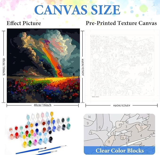 CSZPPQAF Paint by Numbers Kit for Adults Beginner, Rainbow Wildflowers Paint by Number Kits on Canvas, DIY Easy Acrylic Watercolor Oil Painting by Numbers for Home Wall Decor 16X16inch