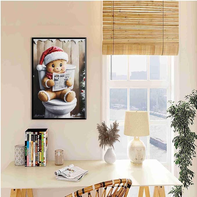 Framed Canvas Wall Art Gingerbread on the Toilet Funny Christmas Poster Bathroom Wall Art Toilet Trendy Christmas Decor 24x36in Metal blackFramed