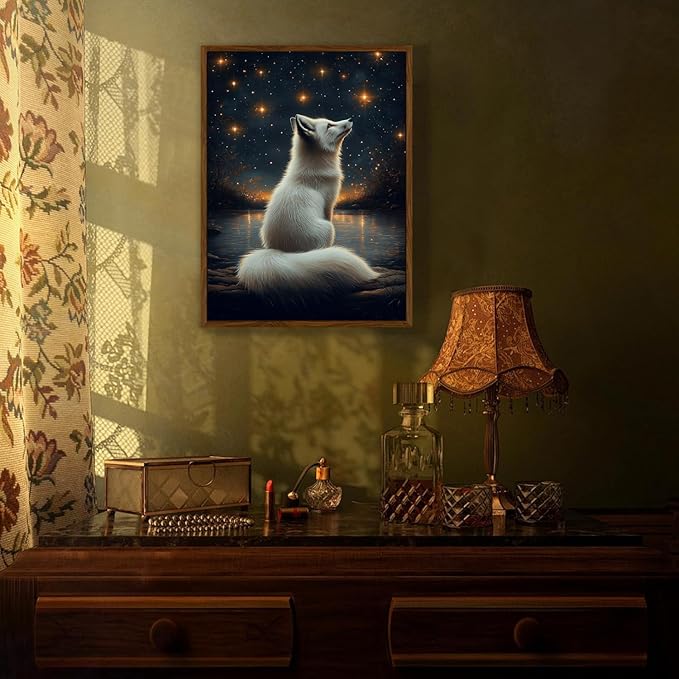 Djmwtb White Fox Framed Wall Art Starry Night Canvas Wall Art Prints Woodland Animal Painting Whimsical Nature Landscape Pictures Artwork for Living Room Bedroom 12x16in