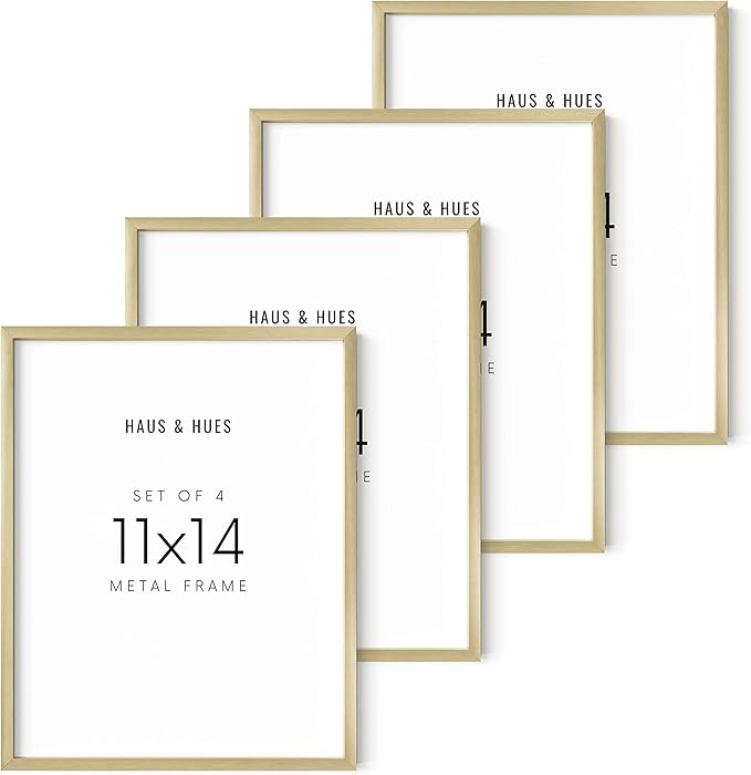 HAUS AND HUES 11x14 Gold Picture Frames - Modern Aluminum Wall Display - Lightweight Frames for Photos, Posters, Certificates - Ready-to-Hang Vertically & Horizontally (Set of 4)