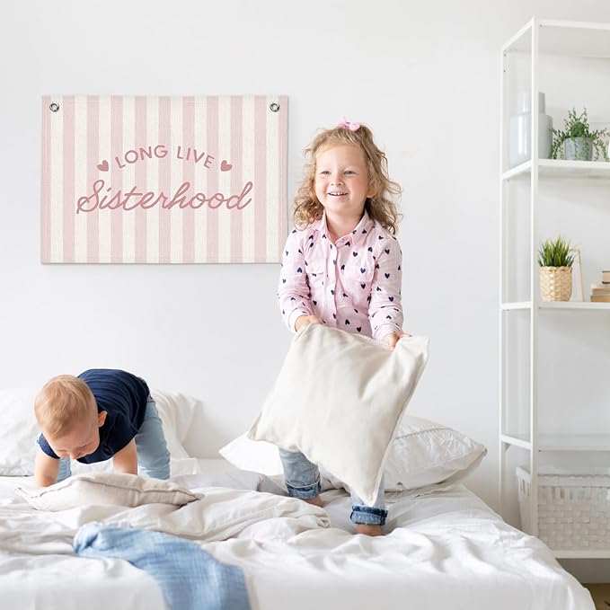 Preppy Long Live Sisterhood Pink Striped Girls Room Decor - Linen Banner Wall Hanging Canvas Banner Flag Decor for Girly Nursery Toddler Playroom Bedroom Dorm Apartment