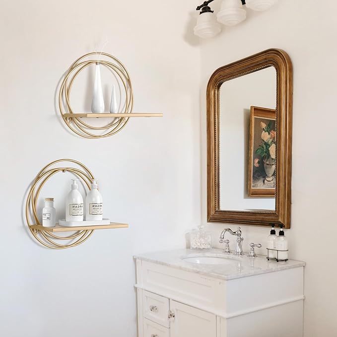 Oakrain Small Floating Shelves Set of 2, 11" Gold Wall Mounted Hanging Shelf with Metal Frame Wood Round Wall Shelves for Storage, Living Room Decor, Bathroom, Kitchen, Bedroom, Office