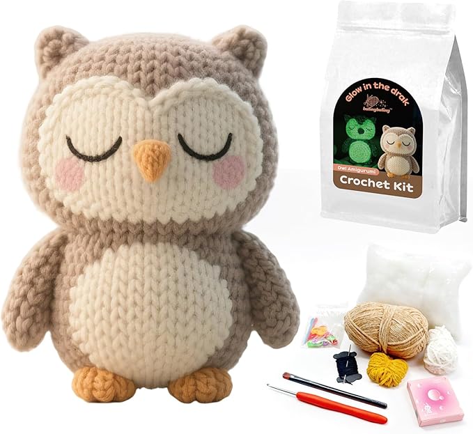 bulingbuling Crochet Kit for Beginners, Glow in The Dark Crochet Kits owl, All You Need for Crocheting, Step-by-Step Video Tutorials, Instruction, Surprise Holiday Birthday Gift for Adults, Teens