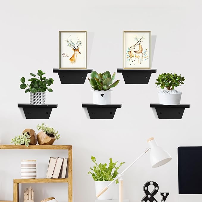 PHOENANCEE Small Floating Shelves,Speaker Shelf,Trapezoid Wall Shelf for Table Lamp Plants Display,Decorative Wood Ledges Chic for Living Room,Bedroom,Kitchen,Office,Pine,8x6 Inch,2 Pack(Black)