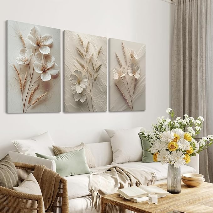 TUEASKY 3 Piece Canvas Wall Art Beige Wall Decor Floral Pictures Flower Art Prints Neutral Botanical Paintings Minimalist Artwork For Bedroom Living Room Office