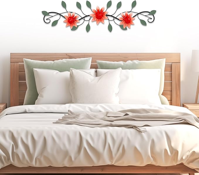 KHJCXS Metal Wall Art Modern Minimalist Metal Flowers Indoor Decor Horizontal Wall Art Iron Artwork,for Over Door,Bedroom,Living Room,Kitchen,Office Scroll Decor(Red)