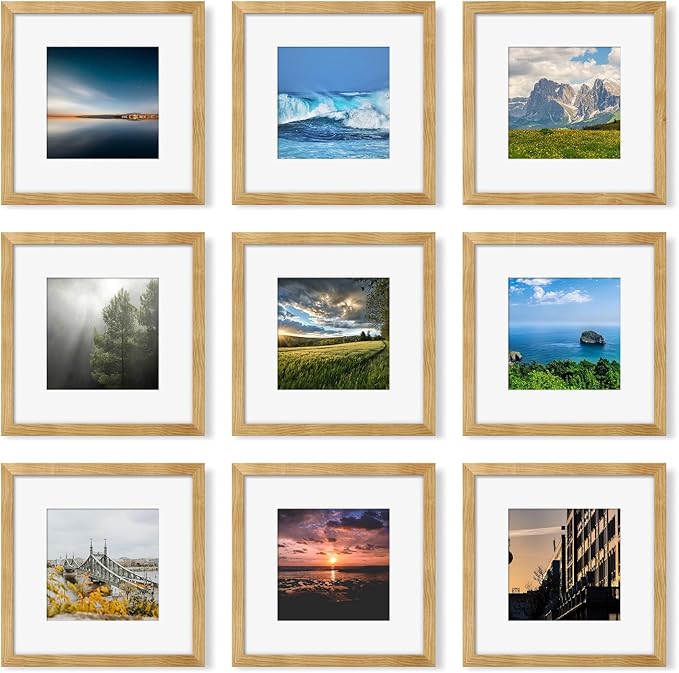 12x12 Picture Frame Set of 9, Photo Gallery Wall Frame Set, Display Pictures 8x8 with Mat or 12 x 12 Without Mat, Square Frame Picture Frames Collage Wall Decor, Natural Oak
