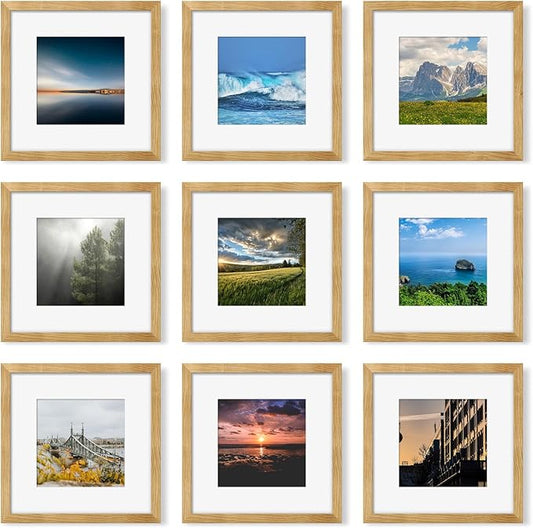 12x12 Picture Frame Set of 9, Photo Gallery Wall Frame Set, Display Pictures 8x8 with Mat or 12 x 12 Without Mat, Square Frame Picture Frames Collage Wall Decor, Natural Oak