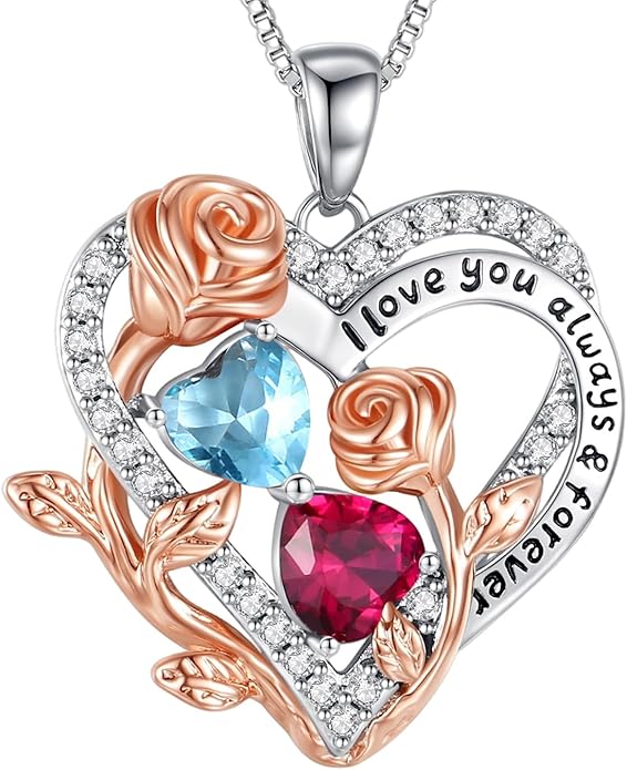 I Love You Birthstone Necklace, 925 Sterling Silver Heart Pendant with CZ Diamond Stones, Birthday Gifts for Women, Romantic Gift for Wife, Girlfriend, Her, Anniversary, Valentine's Day, Christmas