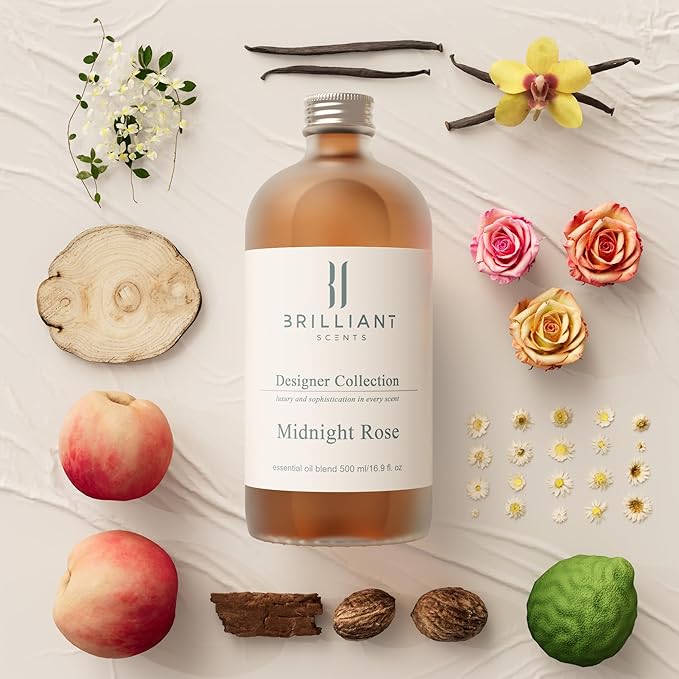 Brilliant Scents Midnight Rose Fragrance Oil 500ml - Premium Diffuser Oil for Home, Office, Hotels - Long Lasting, Plant-Based, Meets IFRA Standards, USA-Made - Rose, Vetiver, Tonka Bean