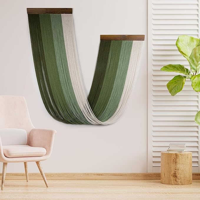 LB Green Macrame Wall Hanging Large, Boho Tapestry Wall Hanging Macrame Wall Art Handmade Yarn Woven Wall Art Modern Home Decor Headboard Wall Decor for Bedroom Living Room Dorm Nursery, 16x32 Inch