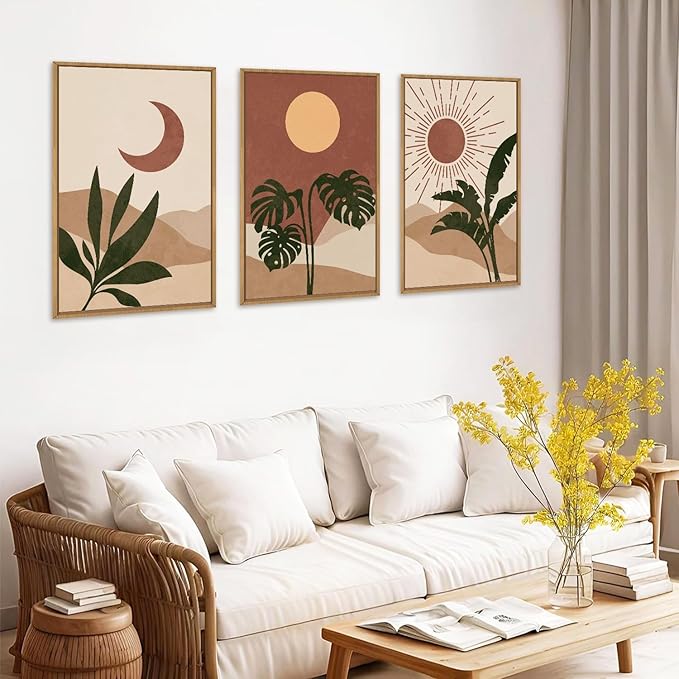 KAIRNE Mid-Century Modern Wall Art Set of 3, Boho Sun and Moon Wall Decor, Bohemian Abstract Botanical Wall Painting, Modern Nature Art Prints for Living Room, Bedroom, Office - 24"x36"