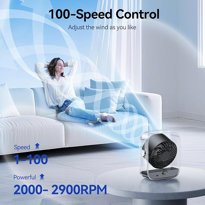 Rechargeable USB Desk Fan, Quiet Table Fan with Turbo Airflow, 100 Speeds, Digital Display, 90° Rotating, Small Battery Desktop Fans for Bedroom Home Office Travel, Black