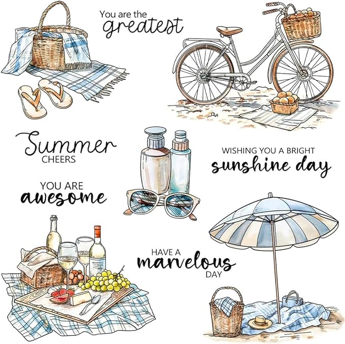 Summer Beach Umbrella Bicycle Stamps and Cutting Dies for Card Making DIY Transparent Silicone Clear Stamp and Metal Die Cuts Sets for Scrapbooking Paper Greeting Cards Decor Seals Craft Supplies