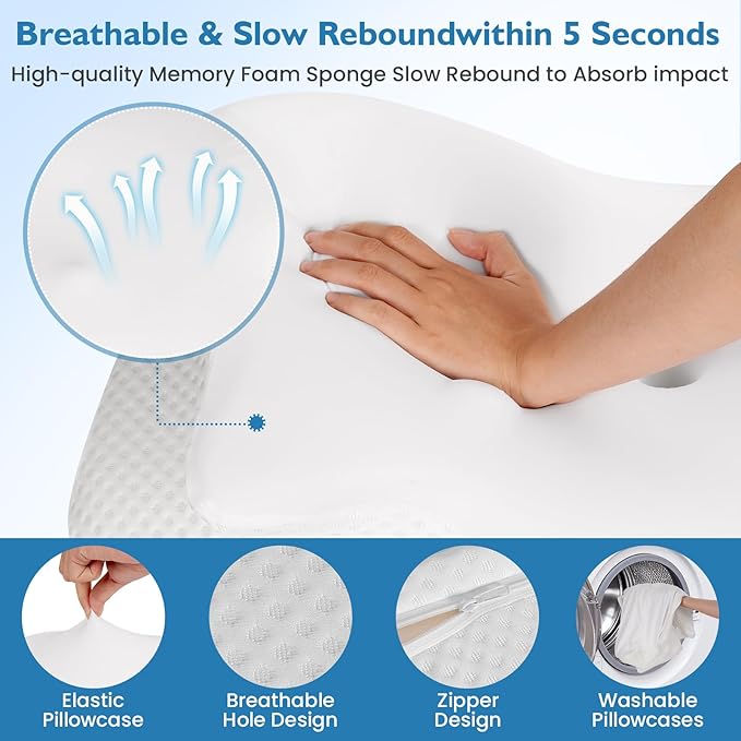 2Pcs Cervical Pillow for Neck Pain Relief, Neck Pillow for Sleeping Side Sleeper Ergonomic Memory Foam Support Pillows Back Sleepers for Sleeping,Machine Washable Pillowcase White