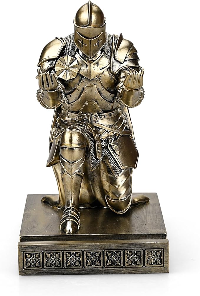 King's Guard Leader Cloak Warrior Knight Pen Holder Mobile Phone Stand, Ornament Knight Statue, Pen Stand Paperweight for Office and Home (Bronze)